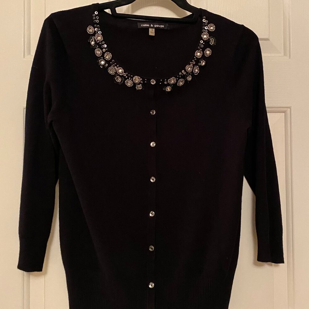 CABLE & GAUGE Bejeweled Cardigan 3/4 Sleeve Black - Sz S